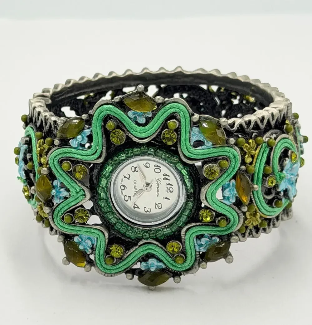 Geneva Couture Ribbon Soutache & Crystal Ornate Quartz Cuff Watch NEW BATTERY